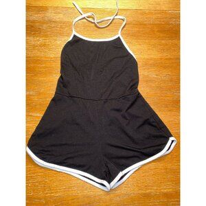 Vintage-Inspired Black & White Trim Halter Neck Romper